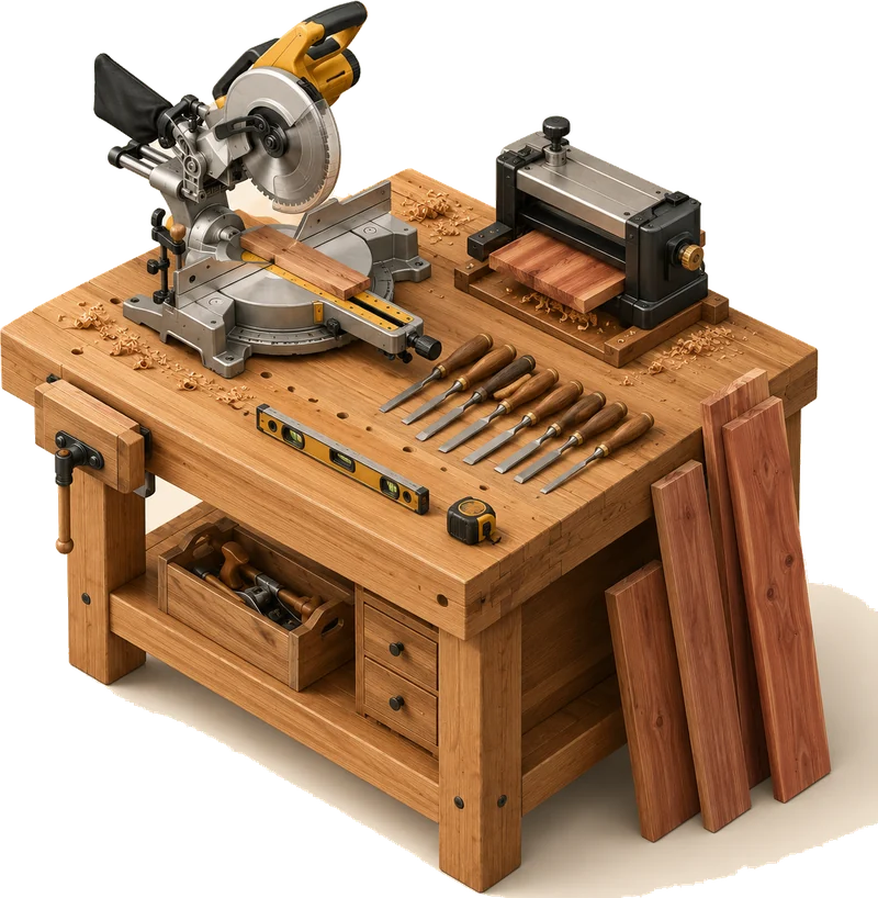 Finish carpentry workbench with a miter saw, chisels and cedar boards
