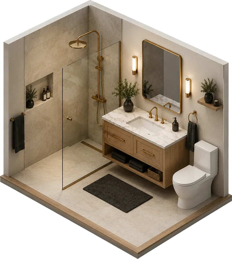 Isometric illustration of bathroom remodeling work on a Cape Cod home