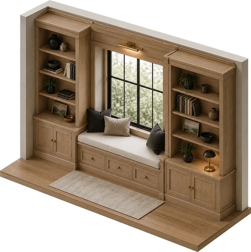 Isometric illustration of carpentry & built-ins work on a Cape Cod home