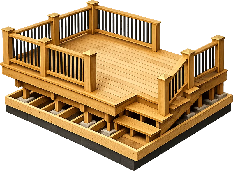 Isometric illustration of deck building work on a Cape Cod home