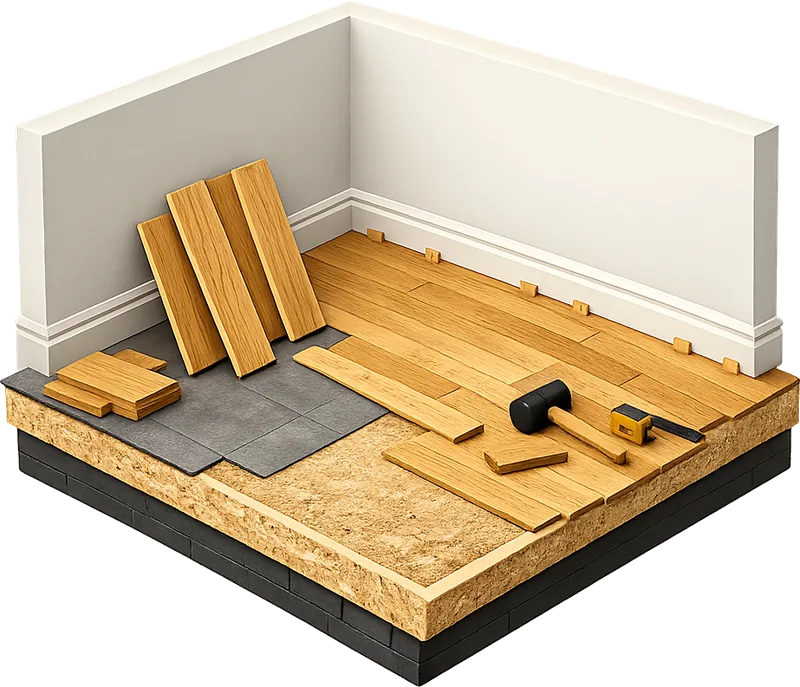 Isometric illustration of flooring work on a Cape Cod home