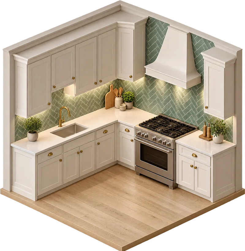 Isometric illustration of kitchen backsplash work on a Cape Cod home