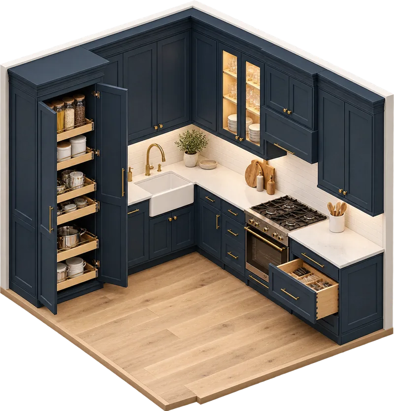 Isometric illustration of kitchen cabinets work on a Cape Cod home
