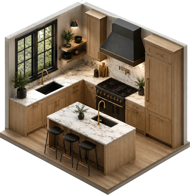 Isometric illustration of kitchen remodeling work on a Cape Cod home