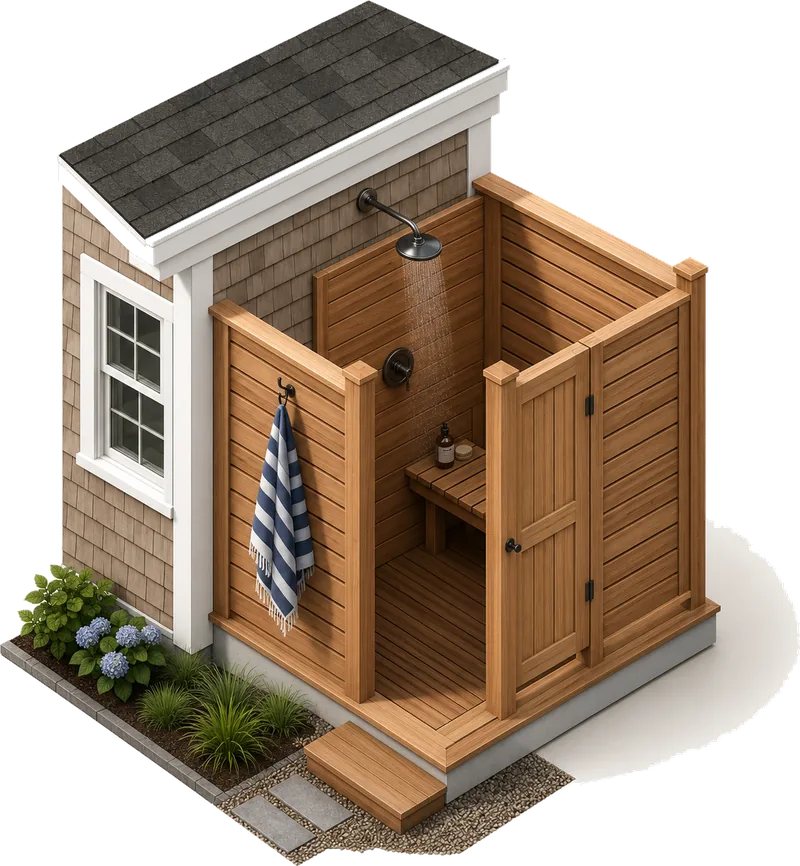 Isometric illustration of outdoor showers work on a Cape Cod home