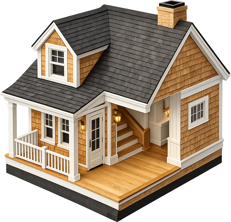 Isometric illustration of siding & exterior trim work on a Cape Cod home