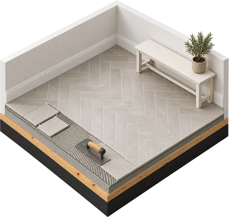 Isometric illustration of tile flooring work on a Cape Cod home