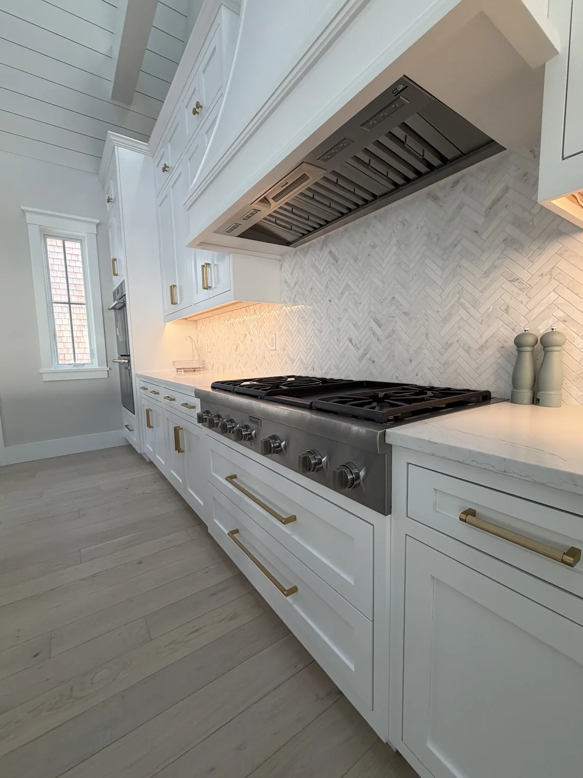 Kitchen range wall with stainless hood and marble backsplash