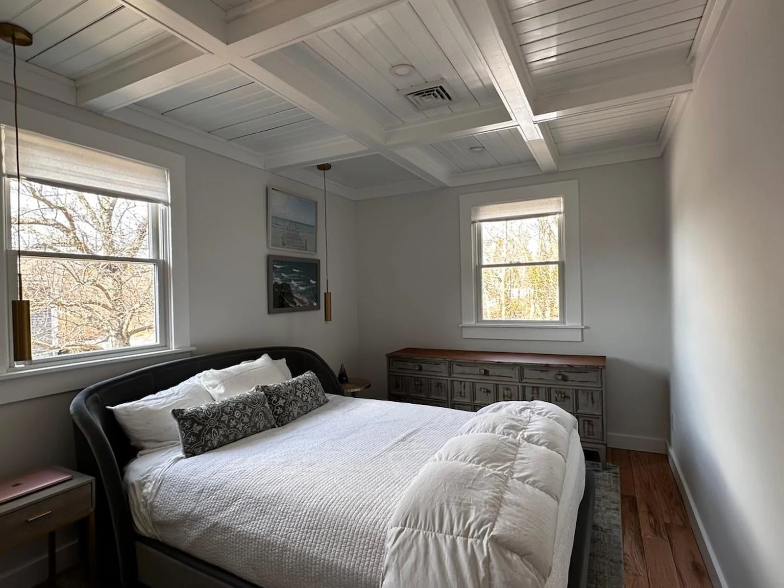 Coffered ceiling in a primary bedroom