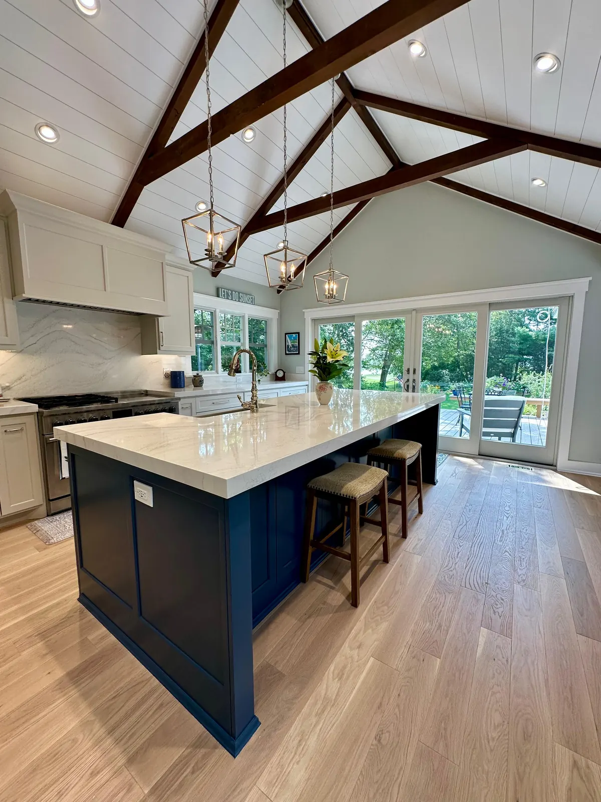 Open kitchen with exposed rafters